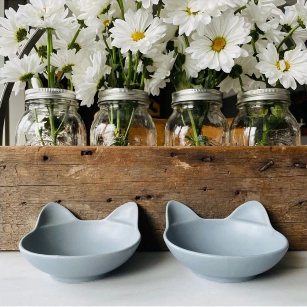 Cat Bowl Feeding Set (2)•Grey•Cat Head-Shaped Satin Stoneware•Dishwasher Safe